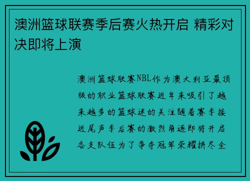 澳洲篮球联赛季后赛火热开启 精彩对决即将上演