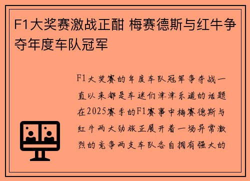 F1大奖赛激战正酣 梅赛德斯与红牛争夺年度车队冠军
