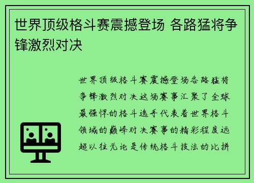 世界顶级格斗赛震撼登场 各路猛将争锋激烈对决