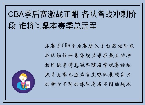 CBA季后赛激战正酣 各队备战冲刺阶段 谁将问鼎本赛季总冠军