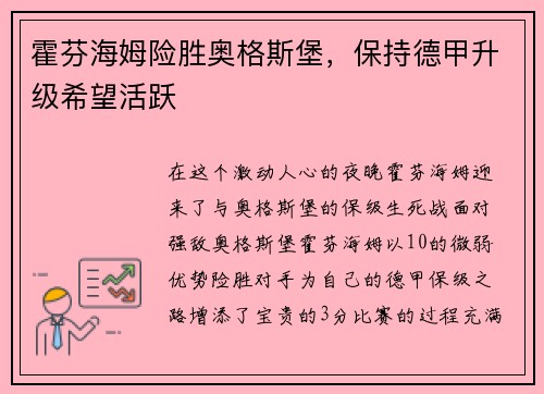 霍芬海姆险胜奥格斯堡，保持德甲升级希望活跃
